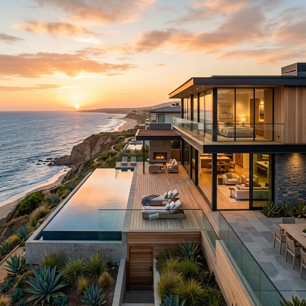Contemporary coastal estate with glass facades overlooking the ocean