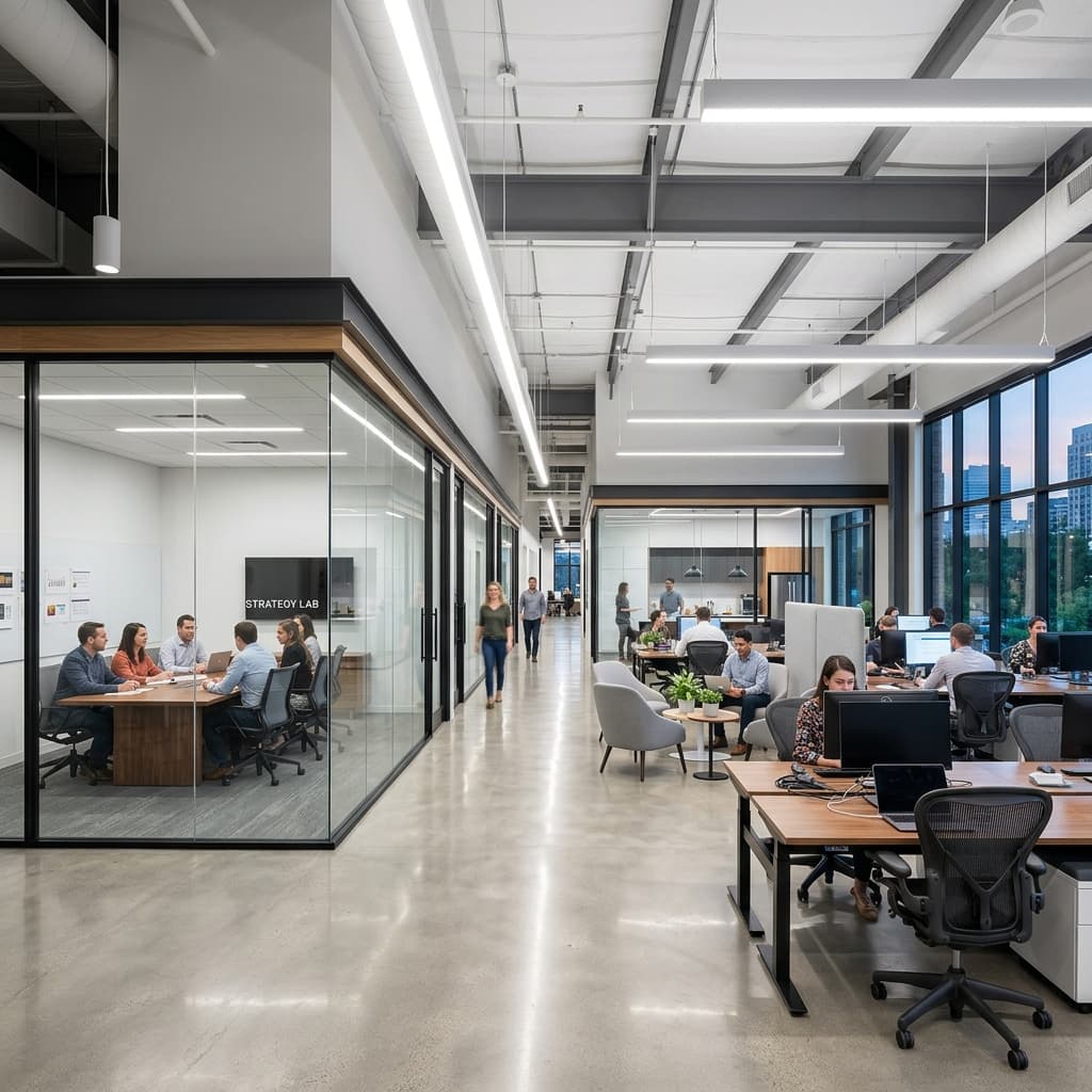 Modern commercial office with glass partitions and open floor plan