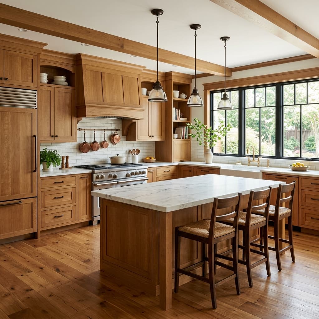 Craftsman kitchen with oak cabinetry and marble island countertop